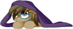 Size: 2470x1000 | Tagged: safe, artist:loyaldis, oc, oc only, oc:dawnsong, earth pony, pony, clothes, collar, female, glasses, lying down, scarf, simple background, smiling, solo, transparent background