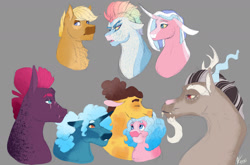 Size: 1280x847 | Tagged: safe, artist:sodafalls, cheese sandwich, clear sky, discord, party favor, pinkie pie, quibble pants, rainbow dash, tempest shadow, pony, g4, alternate design, bust, female, lesbian, male, polyamory, portrait, quibbledashsky, ship:cheesepie, ship:discopie, ship:partypie, ship:quibbledash, ship:quibblesky, shipping, straight, tempestpie