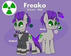 Size: 2308x1825 | Tagged: safe, artist:moonatik, oc, oc only, oc:freako, pony, unicorn, clothes, collar, commission, ear piercing, earring, eyeshadow, jewelry, makeup, male, piercing, reference sheet, solo, spiked collar, stallion, wristband