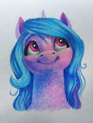 Size: 3000x4000 | Tagged: safe, artist:skyaircobra, izzy moonbow, pony, unicorn, g5, bust, colored pencil drawing, female, mare, portrait, smiling, solo, traditional art