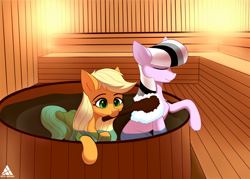 Size: 2800x2000 | Tagged: safe, artist:delta hronum, applejack, oc, earth pony, pony, g4, bath, cute, duo, high res, sauna, wet