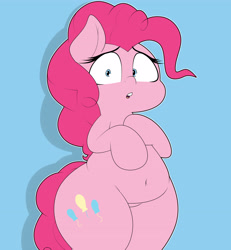 Size: 3376x3648 | Tagged: safe, artist:blitzyflair, pinkie pie, earth pony, pony, g4, belly button, bipedal, blue background, chubby, clothes, featureless crotch, female, high res, looking at you, mare, open mouth, plump, shrunken pupils, simple background, solo, thighs