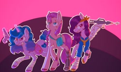 Size: 3348x2000 | Tagged: safe, artist:claire205715, izzy moonbow, pipp petals, sunny starscout, earth pony, pegasus, pony, unicorn, fallout equestria, g5, abstract background, amputee, bag, bandage, bandaid, braid, clothes, colored hooves, colored pupils, eye scar, female, glare, gritted teeth, gun, handgun, high res, horn, jewelry, jumpsuit, magic, mare, pipbuck, pistol, prosthesis, prosthetic leg, prosthetic limb, prosthetics, raised hoof, red eyes, red-eyed pipp, saddle bag, scar, scrunchie, shading, standing, telekinesis, tiara, trio, trio female, unshorn fetlocks, vault suit, wall of tags, weapon, white outline, wing hold, wings