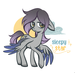 Size: 662x648 | Tagged: safe, artist:glacierclear, oc, oc only, oc:sleepy scribble, pegasus, pony, bags under eyes, cloud, colored hooves, colored wings, female, floppy ears, lidded eyes, looking at you, mare, moon, multicolored wings, pegasus oc, raised hoof, solo, spread wings, starry wings, wings, wrong name