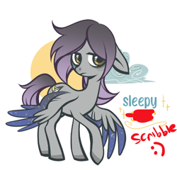 Size: 652x626 | Tagged: safe, alternate version, artist:glacierclear, oc, oc only, oc:sleepy scribble, pegasus, pony, bags under eyes, cloud, colored hooves, colored wings, female, fixed, floppy ears, lidded eyes, looking at you, mare, moon, multicolored wings, pegasus oc, raised hoof, smiley face, solo, spread wings, starry wings, wings