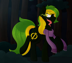 Size: 1024x891 | Tagged: safe, artist:chaoticcr0w, oc, oc only, oc:vermont black, earth pony, pony, clothes, forest, forest background, glowing eyes, looking at you, male, night, phi, raised hoof, scarf, sharp teeth, solo, sombra eyes, stallion, teeth, tongue out