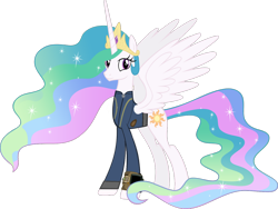 Size: 1280x963 | Tagged: safe, artist:andoanimalia, artist:php170, princess celestia, alicorn, pony, fallout equestria, g4, clothes, crown, fallout, female, jewelry, jumpsuit, looking at you, mare, pipboy, regalia, simple background, solo, transparent background, vault suit, vector
