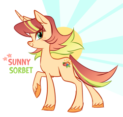 Size: 849x807 | Tagged: safe, artist:glacierclear, oc, oc only, oc:sunny sorbet, pony, unicorn, abstract background, colored hooves, female, freckles, horn, mare, raised hoof, side view, solo, sun, unicorn oc, unshorn fetlocks
