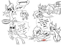 Size: 1232x927 | Tagged: safe, artist:glacierclear, oc, oc:sleepy scribble, oc:sunny sorbet, pegasus, pony, unicorn, blanket, cooking, dialogue, duo, eyes closed, female, food, freckles, french fries, hay fries, horn, hot sauce, lidded eyes, mare, monochrome, partial color, pegasus oc, plushie, raised hoof, roommates, simple background, sketch, sleeping, speech bubble, spread wings, sun, talking with your mouth full, tucking in, unicorn oc, white background, wings