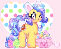 Size: 4000x3200 | Tagged: safe, artist:bunxl, gigglebean, earth pony, pony, g3, basket, blushing, bunny ears, easter, easter egg, ethereal mane, heart, heart eyes, holiday, looking at you, one eye closed, smiling, solo, sparkly mane, sparkly tail, starry mane, starry tail, tail, wingding eyes, wink