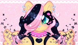 Size: 4096x2403 | Tagged: safe, artist:bunxl, fluttershy, butterfly, pegasus, pony, g4, collar, ear piercing, earring, emoshy, ethereal mane, glitter, heart, jewelry, nose piercing, nose ring, piercing, ponymania, solo, spiked collar, spread wings, starry man, starry mane, toy interpretation, wings