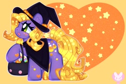 Size: 3000x2000 | Tagged: safe, artist:bunxl, abra-ca-dabra, earth pony, pony, g3, bag, candy, cape, clothes, ethereal mane, food, hat, high res, smiling, solo, starry eyes, starry mane, starry tail, tail, wingding eyes, witch hat