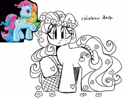 Size: 2048x1600 | Tagged: safe, artist:bunxl, rainbow dash (g3), earth pony, pony, g3, basket, floral head wreath, flower, flower in hair, flower in tail, looking at you, smiling, solo