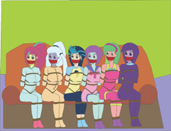 Size: 1070x817 | Tagged: safe, artist:caido58, indigo zap, lemon zest, sour sweet, sugarcoat, sunny flare, twilight sparkle, equestria girls, g4, arm behind back, bondage, bound and gagged, cloth gag, clothes, couch, footed sleeper, footie pajamas, gag, help us, nightgown, onesie, pajamas, rope, rope bondage, shadow five, sitting, sleepover, slumber party, socks, stocking feet, tied up