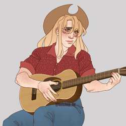 Size: 3000x3000 | Tagged: safe, artist:rdstartie, applejack, human, g4, acoustic guitar, alternate hairstyle, applejack's hat, blushing, clothes, cowboy hat, female, freckles, gray background, guitar, hat, high res, humanized, jeans, musical instrument, pants, shirt, simple background, solo