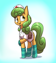 Size: 3200x3600 | Tagged: safe, artist:rocket-lawnchair, oc, oc only, oc:millie, earth pony, pony, clothes, high res, nurse outfit, socks, solo, striped socks