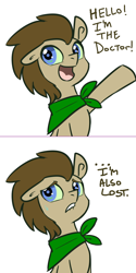 Size: 600x1202 | Tagged: safe, artist:toadstool-prancer, doctor whooves, time turner, oc, oc:tantamount, changeling, earth pony, pony, tantamount time turner, g4, blue eyes, changeling oc, disguise, disguised changeling, earth pony oc, eyes open, green sclera, male, male oc, pony oc, solo, stallion