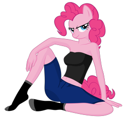 Size: 4840x4518 | Tagged: safe, artist:lexx disaster, pinkie pie, earth pony, anthro, plantigrade anthro, g4, bare shoulders, blue eyes, clothes, confident, denim shorts, female, looking at you, pink fur, pink mane, pink tail, shorts, simple background, sitting, smiling, socks, solo, stocking feet, tomboy, transparent background, tube top