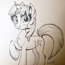 Size: 1024x1024 | Tagged: safe, artist:confetticakez, twilight sparkle, pony, unicorn, g4, blushing, cute, looking at you, monochrome, raised hoof, smiling, solo, traditional art, twiabetes, unicorn twilight