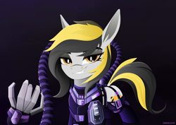 Size: 3272x2320 | Tagged: safe, artist:andaluce, oc, oc only, oc:zealous stripes, earth pony, pony, bodysuit, clothes, cyberpunk, eyeshadow, female, futuristic, high res, lineless, looking at you, makeup, mare, simple background, socks, solo, stockings, suit, technology, thigh highs