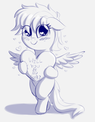 Size: 916x1175 | Tagged: safe, artist:heretichesh, oc, oc only, oc:maple, pegasus, pony, bipedal, blushing, female, filly, freckles, happy, heart, holiday, looking at you, solo, text, valentine's day