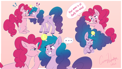 Size: 1920x1080 | Tagged: safe, artist:bluefeathercat, izzy moonbow, pinkie pie, earth pony, pony, unicorn, g4, g5, ..., ball, cheek squish, chest fluff, dialogue, exclamation point, female, grin, horn, horn guard, horn impalement, hornball, izzy's tennis ball, long hair, looking at each other, mare, open mouth, pink background, poofy mane, signature, simple background, smiling, speech bubble, squishy cheeks, teeth, tennis ball, thinking, unshorn fetlocks