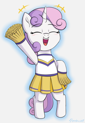 Size: 1756x2532 | Tagged: safe, artist:heretichesh, sweetie belle, pony, unicorn, g4, armpits, bipedal, cheer, cheerleader, cheerleader outfit, clothes, cute, diasweetes, eyes closed, female, filly, happy, open mouth, pom pom, simple background, skirt, solo, uniform