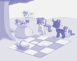 Size: 3005x2400 | Tagged: safe, artist:heretichesh, oc, oc:eartz, oc:lil blue, oc:maple, pony, basket, biting, checkered, colt, cute, female, filfil, filly, high res, kidnapped, magic, magic aura, male, park, picnic, picnic basket, plate, smol, tablecloth, tail bite, tree