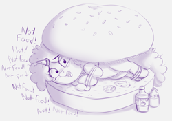 Size: 906x634 | Tagged: safe, artist:heretichesh, oc, oc:not food, pony, unicorn, bondage, bun (food), burger, burger bun, fear, female, filly, food, giant food, horn, horn ring, ketchup, magic suppression, monochrome, mustard, pickle, ponies in food, ring, rope, rope bondage, sauce, teary eyes, tied up, tomato