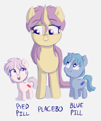 Size: 2188x2616 | Tagged: safe, artist:heretichesh, oc, oc:blue pill, oc:placebo, oc:red pill, pony, unicorn, colt, family, female, filly, happy, high res, male, mare, mother and child, mother and daughter, mother and son, siblings, text