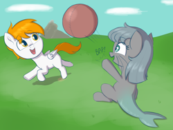 Size: 2056x1558 | Tagged: safe, artist:heretichesh, oc, oc:silver chime, oc:vig, catfish, fish, merpony, pegasus, pony, ball, cute, happy, playing, smol, whiskers