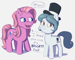 Size: 1510x1200 | Tagged: safe, artist:heretichesh, pinkie pie (g3), oc, oc:hattsy, earth pony, pony, g3, dialogue, female, mare, text, wrong pinkie