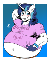 Size: 1279x1597 | Tagged: safe, artist:duragan, shining armor, unicorn, anthro, g4, belly, belly button, belt, bhm, big belly, blushing, clothes, dad bod, daddy, embarrassed, fat, large belly, male, musclegut, need to go on a diet, need to lose weight, shining blubber, shirt, smiling, solo, t-shirt, tight clothing, wardrobe malfunction