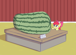 Size: 2835x2043 | Tagged: safe, artist:heretichesh, apple bloom, earth pony, pony, g4, adorabloom, apple bloom's bow, barn, bow, cute, female, filly, food, giant food, giant watermelon, hair bow, happy, high res, melon, proud, sign, smiling, solo, text, watermelon
