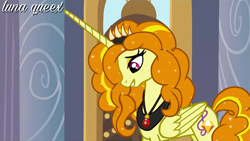 Size: 1920x1080 | Tagged: safe, artist:luna.queex, edit, edited screencap, screencap, adagio dazzle, alicorn, pony, g4, adagicorn, alicornified, eyelashes, female, grin, horn, indoors, jewelry, looking down, mare, peytral, race swap, smiling, solo, tiara, wings