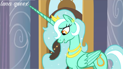 Size: 1920x1080 | Tagged: safe, artist:luna.queex, edit, edited screencap, screencap, lyra heartstrings, alicorn, pony, g4, alicornified, ear piercing, earring, ethereal mane, eyelashes, female, grin, horn, indoors, jewelry, looking down, lyracorn, mare, necklace, piercing, race swap, smiling, solo, starry mane, tiara, wings