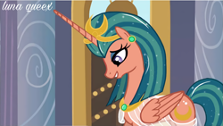 Size: 1920x1080 | Tagged: safe, artist:luna.queex, edit, edited screencap, screencap, somnambula, alicorn, pony, g4, alicornified, clothes, egyptian, eyelashes, female, grin, horn, indoors, jewelry, looking down, makeup, mare, race swap, see-through, smiling, solo, tiara, wings