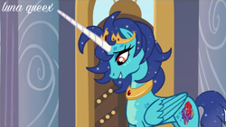 Size: 1920x1080 | Tagged: safe, artist:luna.queex, edit, edited screencap, screencap, princess ember, alicorn, pony, g4, alicornified, concave belly, crown, dragon to pony, ethereal mane, eyelashes, female, folded wings, grin, horn, indoors, jewelry, long horn, looking down, mare, peytral, ponified, ponified ember, race swap, regalia, slender, smiling, solo, starry mane, tall, thin, tiara, wings