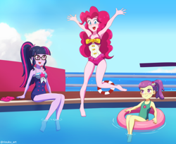 Size: 1100x899 | Tagged: safe, artist:riouku, lily pad (g4), pinkie pie, sci-twi, twilight sparkle, human, equestria girls, equestria girls series, g4, barefoot, blushing, clothes, cloud, commission, cruise ship, feet, female, glasses, happy, inner tube, one-piece swimsuit, open mouth, pinkie pie swimsuit, ponytail, pool toy, sandals, sci-twi swimsuit, shoes removed, sitting, sky, sleeveless, smiling, swimming pool, swimsuit, trio, trio female, tube, water