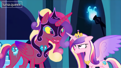 Size: 2038x1150 | Tagged: safe, artist:luna.queex, edit, edited screencap, screencap, princess cadance, alicorn, pony, g4, the cutie re-mark, colored wings, duality, female, helmet, horn, indoors, jewelry, mare, nightmare cadance, nightmare heart, nightmarified, peytral, self ponidox, spread wings, tiara, wings