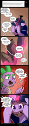 Size: 900x3838 | Tagged: safe, artist:cosmalumi, spike, twilight sparkle, tumblr:ask queen moon, g4, alternate hairstyle, alternate universe, cape, clothes