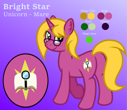 Size: 3215x2793 | Tagged: safe, artist:bryastar, oc, oc only, oc:bright star, pony, unicorn, cutie mark, ear fluff, female, glasses, high res, mare, raised hoof, reference sheet, smiling, solo