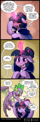 Size: 900x2743 | Tagged: safe, artist:cosmalumi, spike, twilight sparkle, tumblr:ask queen moon, g4, alternate hairstyle, alternate universe, cape, clothes