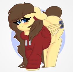 Size: 4195x4104 | Tagged: safe, artist:retro_hearts, oc, oc only, pegasus, pony, ass up, blushing, clothes, ear piercing, earring, embarrassed, female, floppy ears, freckles, hoodie, jewelry, pegasus oc, piercing, simple background