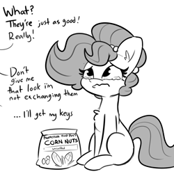 Size: 3000x3000 | Tagged: safe, artist:tjpones, oc, oc only, oc:brownie bun, earth pony, pony, about to cry, black and white, corn nuts, cute, female, grayscale, high res, mare, monochrome, ocbetes, offscreen character, pouting, sad, sadorable, simple background, sitting, solo, teary eyes, wavy mouth, white background