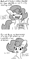 Size: 3000x6000 | Tagged: safe, artist:tjpones, oc, oc only, oc:brownie bun, earth pony, pony, 2 panel comic, black and white, breaking the fourth wall, comic, drink, eating, female, food, grayscale, high blood pressure, impossibly high blood pressure, mare, monochrome, needle, open mouth, simple background, solo, white background