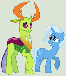 Size: 1212x1384 | Tagged: safe, artist:jadeharmony, thorax, trixie, changedling, changeling, g4, base used, female, green background, king thorax, male, shipping, simple background, straight, thoraxie