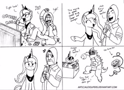 Size: 2048x1491 | Tagged: safe, artist:alexsupers, princess luna, oc, alicorn, human, pony, g4, clothes, collar, comic, costume, crown, digital art, eyes closed, horn, jewelry, meme, monochrome, open mouth, pacific rim, regalia, tail, television, text, trollface, wings
