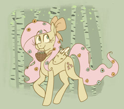 Size: 1438x1267 | Tagged: safe, artist:crypticcervine, fluttershy, pegasus, pony, g4, abstract background, basket, birch tree, bow, cute, daaaaaaaaaaaw, female, flower, flower in hair, flower in tail, hair bow, mare, mouth hold, shyabetes, solo, tree