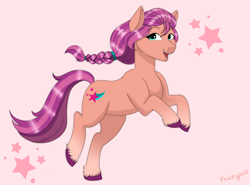 Size: 2700x2000 | Tagged: safe, artist:peachyloaf, sunny starscout, earth pony, pony, g5, abstract background, braid, female, high res, looking at you, mare, open mouth, rearing, signature, solo, stars, unshorn fetlocks